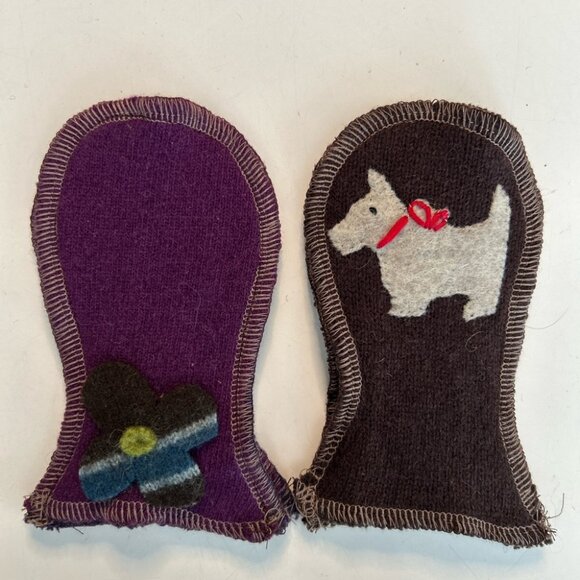 Handmade Recycled Wool Infant Mittens in Brown & Purple with Flower & Dog - Picture 5 of 7